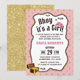 Pirat Girl Rosa & Guld Äventyr Karta Baby Shower Inbjudningar