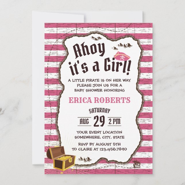 Pirat Girl Rosa Rand Karta Baby Shower för barn i  Inbjudningar (Framsida)