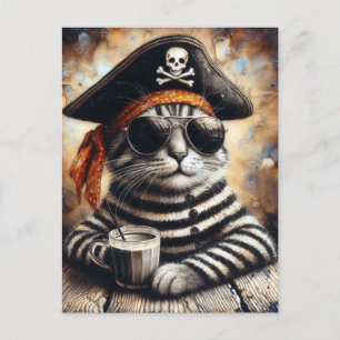Pirat-katt med kaffe vykort