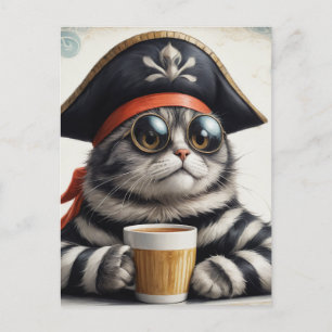 Pirat-katt med kaffe vykort