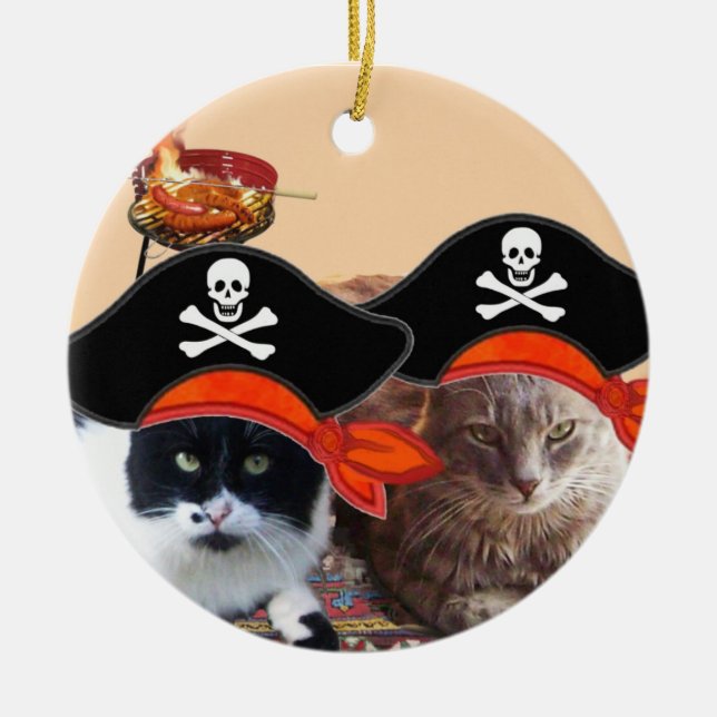 PIRAT KATTER OCH ANTIQUE PIRATER TREASURE KARTOR JULGRANSPRYDNAD KERAMIK (Framsidan)