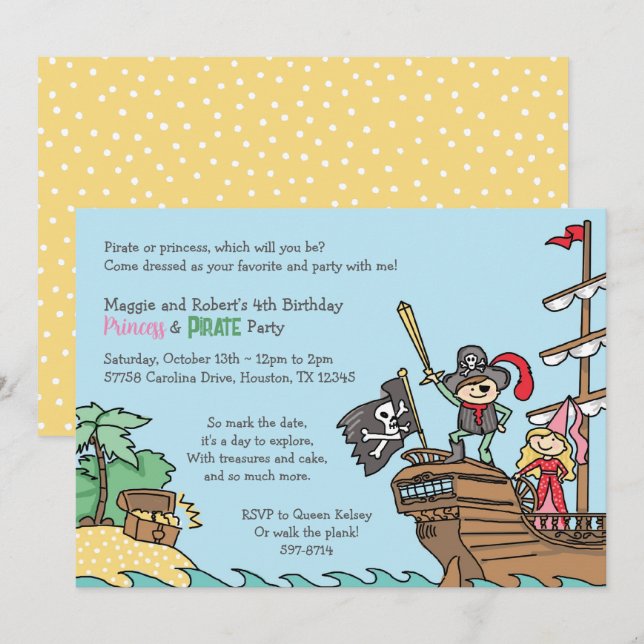 Pirat och Princess Party Treasure Twillingar Royal Inbjudningar (Fram/baksida)