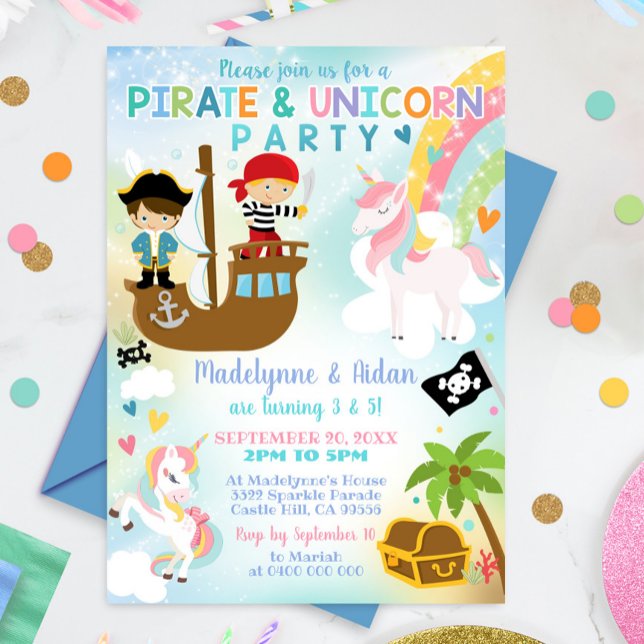 Pirat och Unicorn bjudande Boy Girl Syskon Inbjudningar (Pirate and Unicorn Birthday Invitation. Perfect for Twins, Sibling or Joint Birthday Party.)