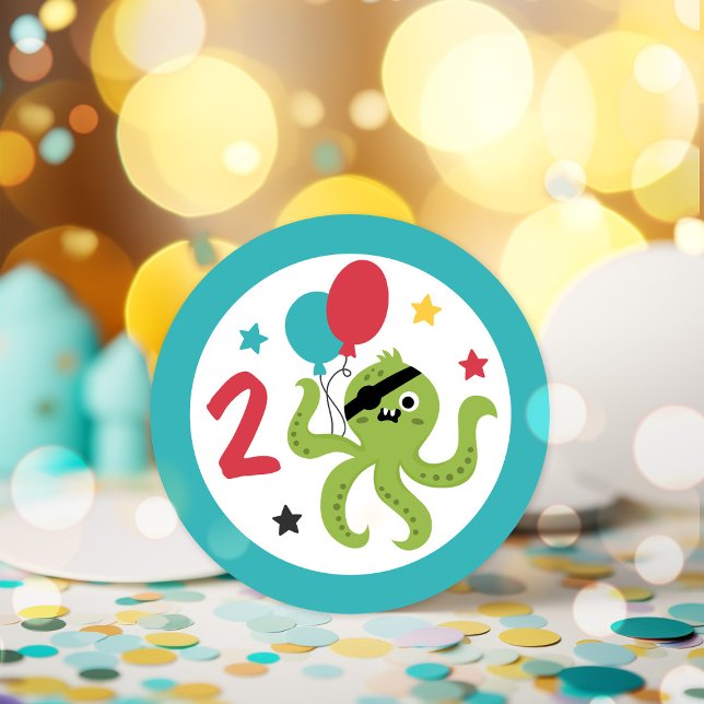 Pirat Octopus Boy Födelsedagsfest Runt Klistermärke (Skapare uppladdad)