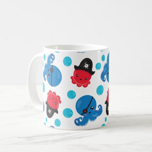 Pirat, Octopus, Octopus Mönster, Sea Animals Kaffemugg (Framsida vänster)