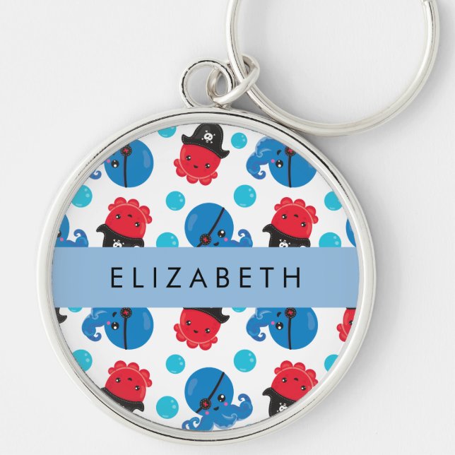 Pirat, Octopus, Octopus Mönster, Sea, Ditt namn Ke Rund Silverfärgad Nyckelring (Framsidan)