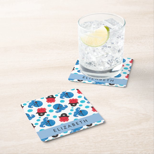 Pirat, Octopus, Octopus Mönster, Sea, Ditt namn Underlägg Papper Kvadrat (Insitu)