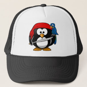 Pirat Penguin med en röd Bandanna och en morot Truckerkeps