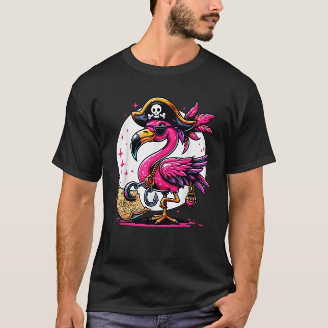 Pirat Rosa Flamingo Halloween fest Jolly Roger T Shirt (Framsida)
