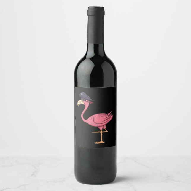 Pirat Rosa Flamingo med Eyepatch Halloween Vinflaska Etikett (Framsida)