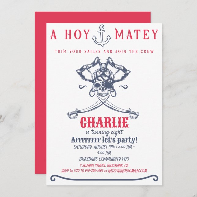Pirat rosa ThMB-Födelsedagsfesten Inbjudningar (Fram/baksida)