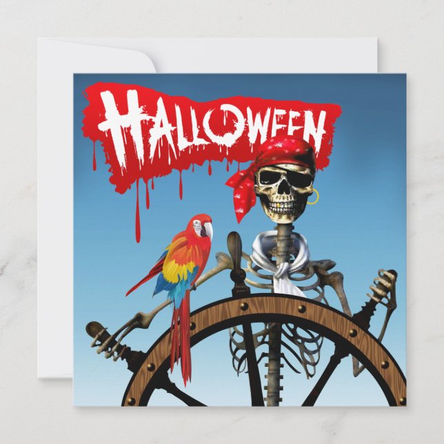 Pirat Skeleton Sailor med Macaw Halloween fest Inbjudningar (Framsida)