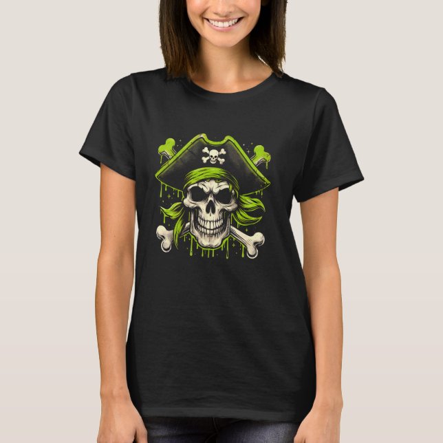 Pirat Skull Calico Jack Jolly Roger Bones Grönt G T Shirt (Framsida)