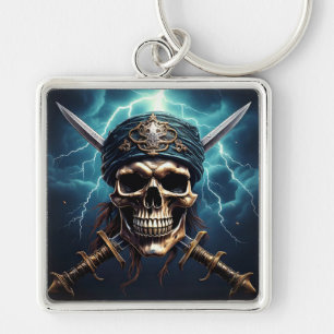 Pirat Skull med söknyckelkedja Fyrkantig Silverfärgad Nyckelring