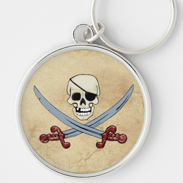 Pirat Skull och korsade skärlasser av Creepy Art Rund Silverfärgad Nyckelring (Framsidan)