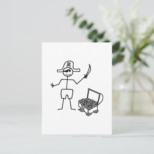 Pirat Stickman med skattekest Vykort (Stående Fram)