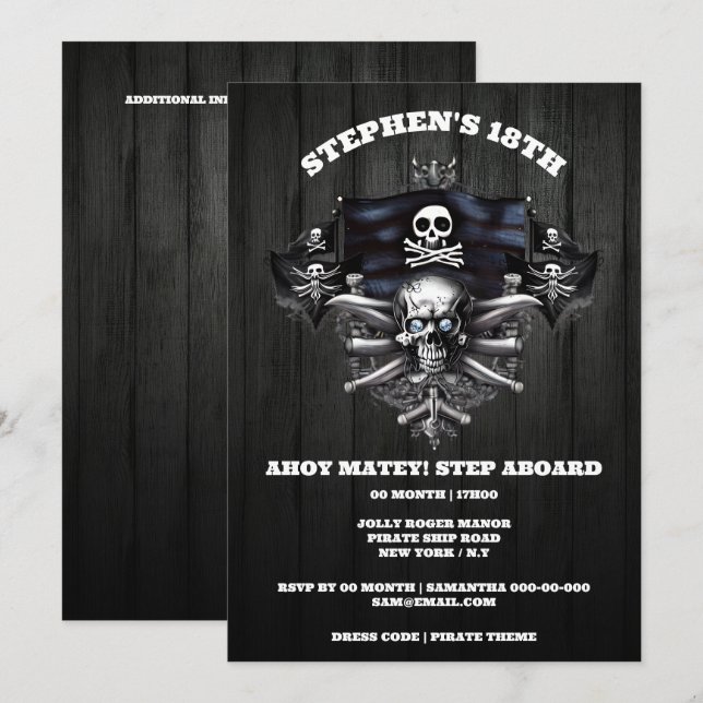 Pirat tema jolly roger ahoy matey skalle masthead inbjudningar (Fram/baksida)