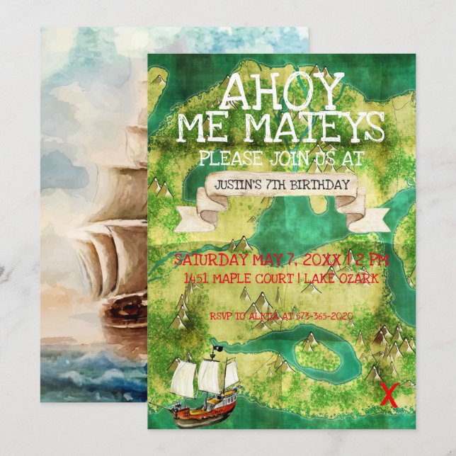 Pirat Temaparty | Vattenfärgsskatt Karta Inbjudningar (Fram/baksida)