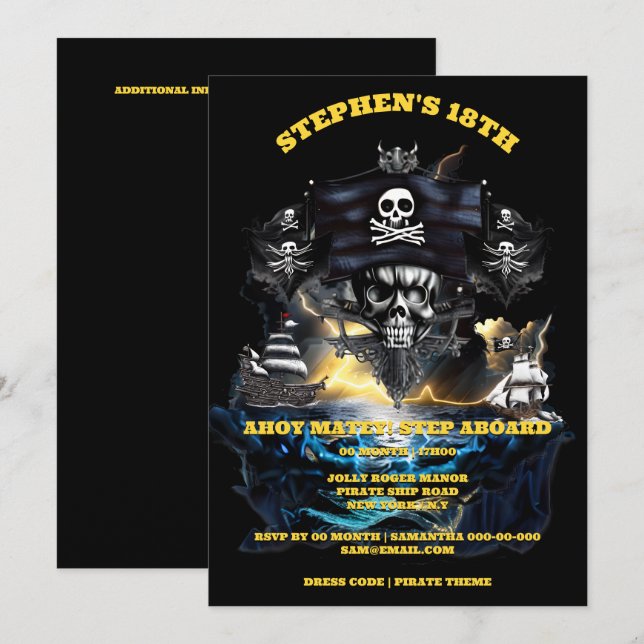 Pirat-temat jolly roger ahoy matey party inbjudningar (Fram/baksida)