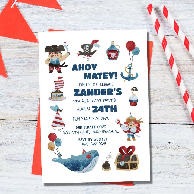 Pirat Theme Ahoy Matey Boys Födelsedagsfest Inbjudningar (Pirate Theme Ahoy Matey Boys Birthday Party Invitation)
