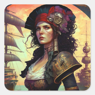Pirat Woman Fantasy Art Fyrkantigt Klistermärke