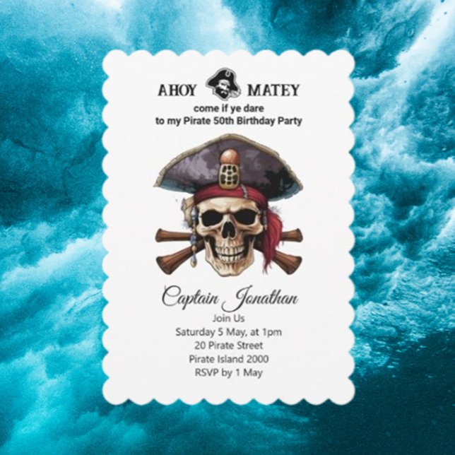 Piratäventyr Väntar Inbjudningar (Create fun and spooky pirate skull and crossbones birthday invitations for kids )