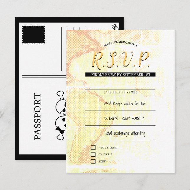 piratbröllop rsvp inlägg inbjudan vykort (Fram/baksida)