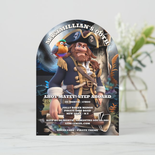 Pirate captain scroll island boys theme birthday  inbjudningar (Stående Fram)