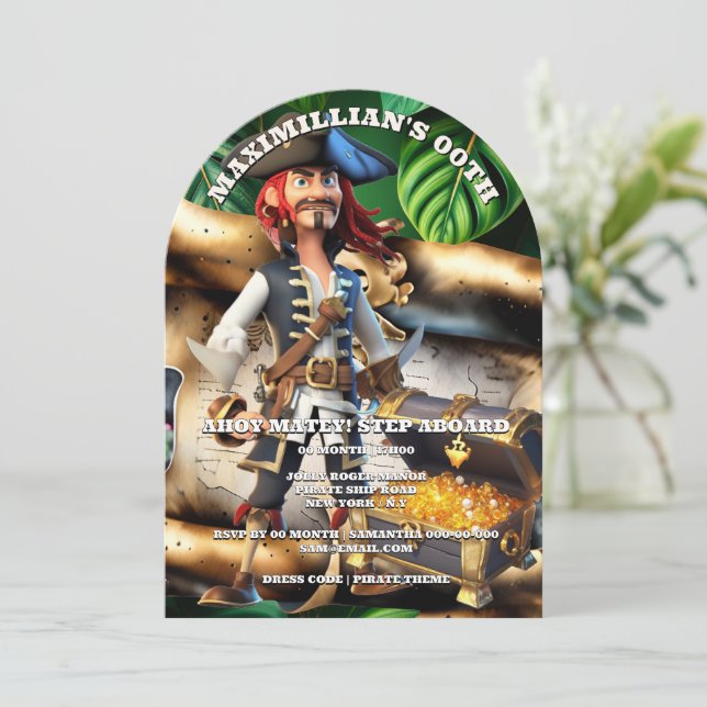 Pirate captain treasure chest boys theme birthday  inbjudningar (Stående Fram)