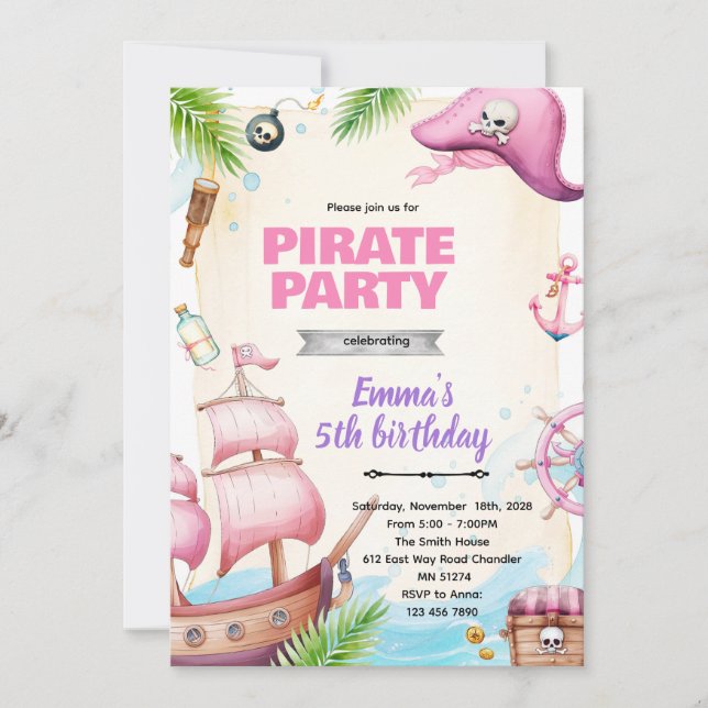 Pirate girl birthday theme invitation inbjudningar (Framsida)