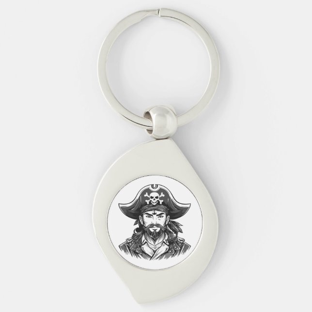 Pirate head with hat sailor and Eye Patch and Bear Swirl Silverfärgad Nyckelring (Framsidan)