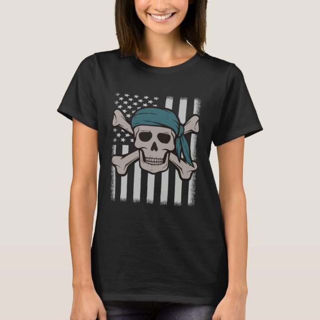Pirate Skull American Flag Halloween Party Costume T Shirt (Framsida)