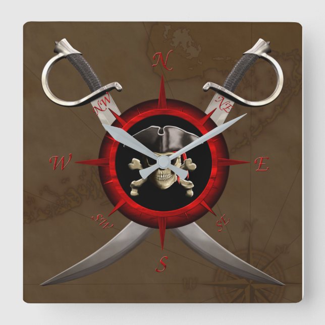 Pirate Skull Compass Rose Fyrkantig Klocka (Framsida)