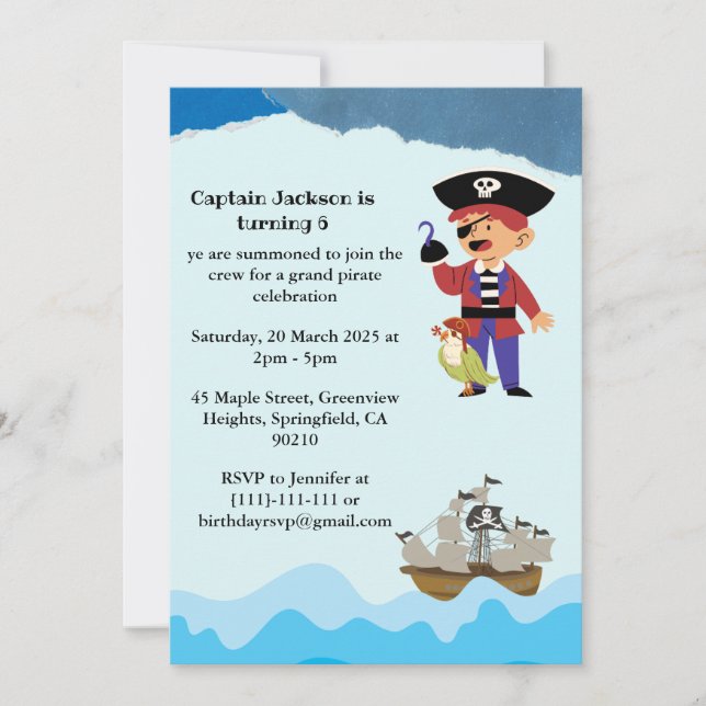 Pirate Themed Birthday Party Invitation Inbjudningar (Framsida)
