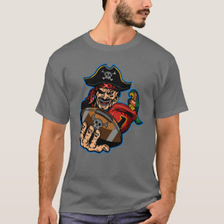 pirater fotbollsspelarmascot som innehar boll t shirt