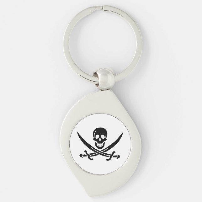 Piratflagga Dödskalle Korsade Svärd Swirl Silverfärgad Nyckelring (Framsidan)