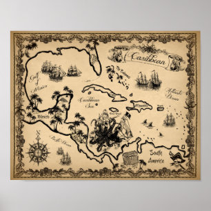 Piratkarta av det karibiskt med Kraken Poster