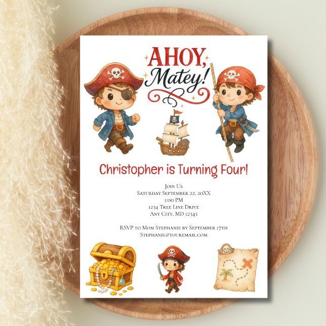 Piratpojkar 4-års födelsedag Söt Trendig Inbjudningar (Pirate boys 4th birthday party invitation template, Can edit for any age. Toddler boys birthday, kid)