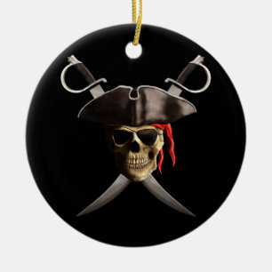 Piratskalle och svärd julgransprydnad keramik