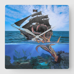Piratskepp vs Den Jättelika Bläckfisken Fyrkantig Klocka