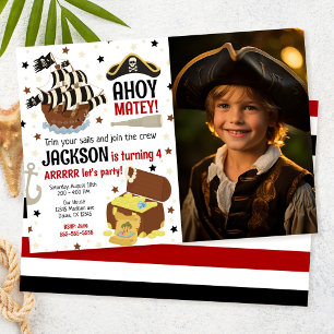 Pirattema Ahoy Jolly Roger Pojke Foto Födelsedag Inbjudningar