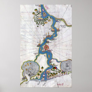 Piri Reis karta av floden Nile från dess bred Poster