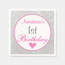 Pirrflickig prinsessa rosa & silver glitter 1-årsd pappersservett