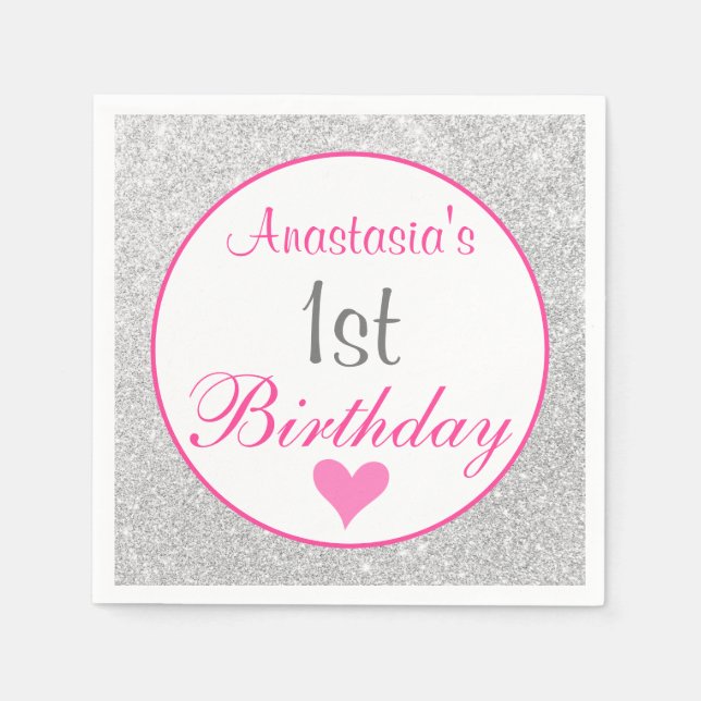 Pirrflickig prinsessa rosa & silver glitter 1-årsd pappersservett (Framsidan)