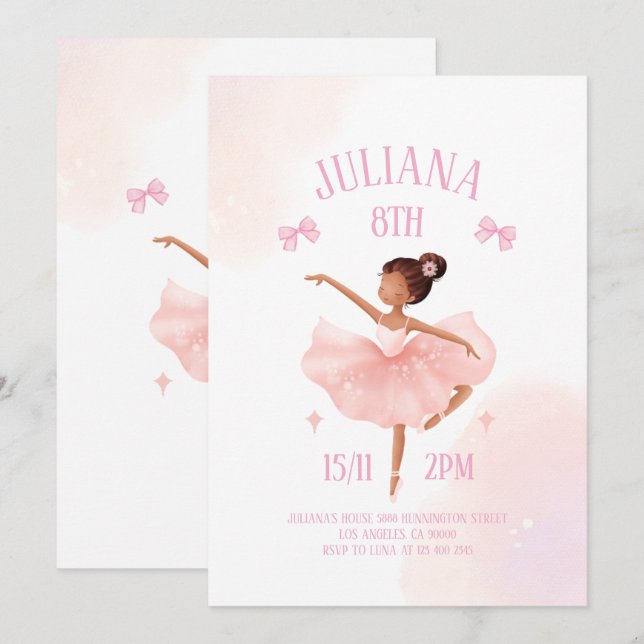 Pirrig rosa slinga ballerina flicka födelsedagsfes inbjudningar (Fram/baksida)
