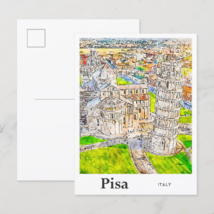 Pisa Italien Watercolor Sketch Hand plockade Vykort
