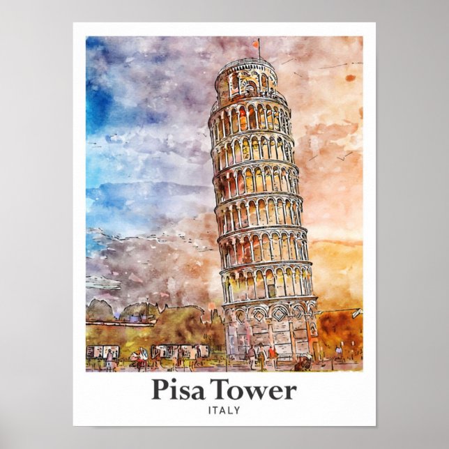 Pisa Torn Italien Travel Watercolor Hand plockade Poster (Framsidan)