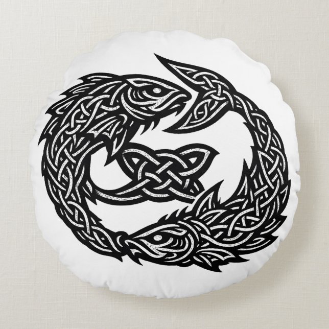 Pisces Celtic Twin‑Current Sigil | BurnsInHell Ink Rund Kudde (Framsidan)