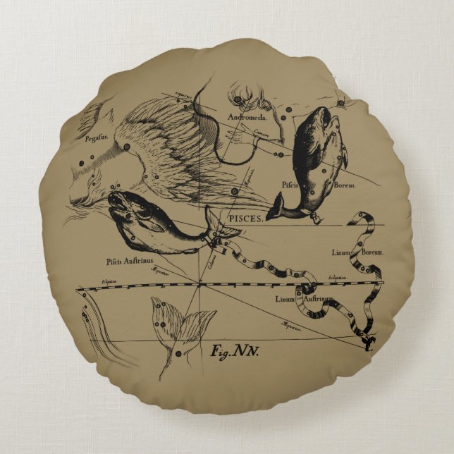 Pisces Constellation Hevelius 1690 on Taupe Rund Kudde (Baksidan)