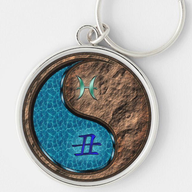 Pisces & Earth Ox Rund Silverfärgad Nyckelring (Framsidan)